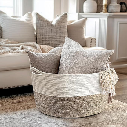Throw Blanket Basket for Living Room, Extra Large Cotton Rope Basket for Storage, Woven Laundry Towel Hamper with Handles, Baby Toy Storage, 22" x 22" x 14" Pillow Bin