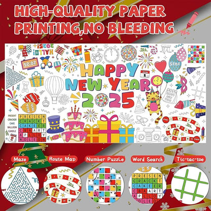 YQUQWN Giant Happy New Year 2025 Coloring Poster - 35.5×72 Inch Disco Ball Poster Tablecloth - Happy New Years Eve Crafts Party Favors - 2025 New Year Kids Activities Party Decoration Supplies
