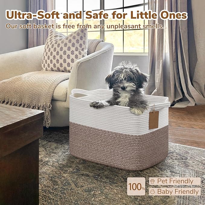 Goodpick Woven Storage Baskets for Organizing 18" x 14" x 12" Large Blanket Basket for Living Room Bedroom, Rectangle Cotton Rope Basket with Handles, Toy Baskets Storage Kids, Brown