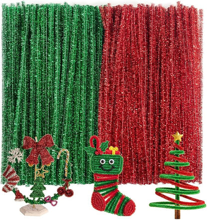 Caydo 200 Pieces Glitter Pipe Cleaners for Mother's Day Decorations, Sparkling Red and Green Chenille Stems Bulk for Flowers, Animals, Creative Art and Crafts Making