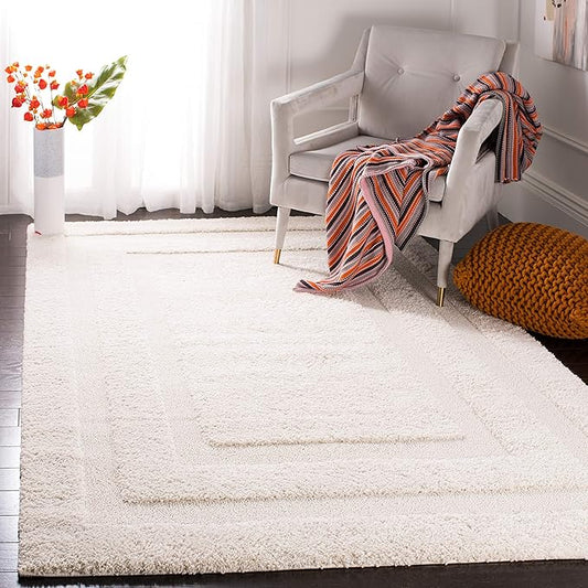 SAFAVIEH Florida Shag Collection Area Rug - 5'3" x 7'6", Creme & Creme, Border Design, Non-Shedding & Easy Care, 1.2-inch Thick Ideal for High Traffic Areas in Living Room, Bedroom (SG454-1111)