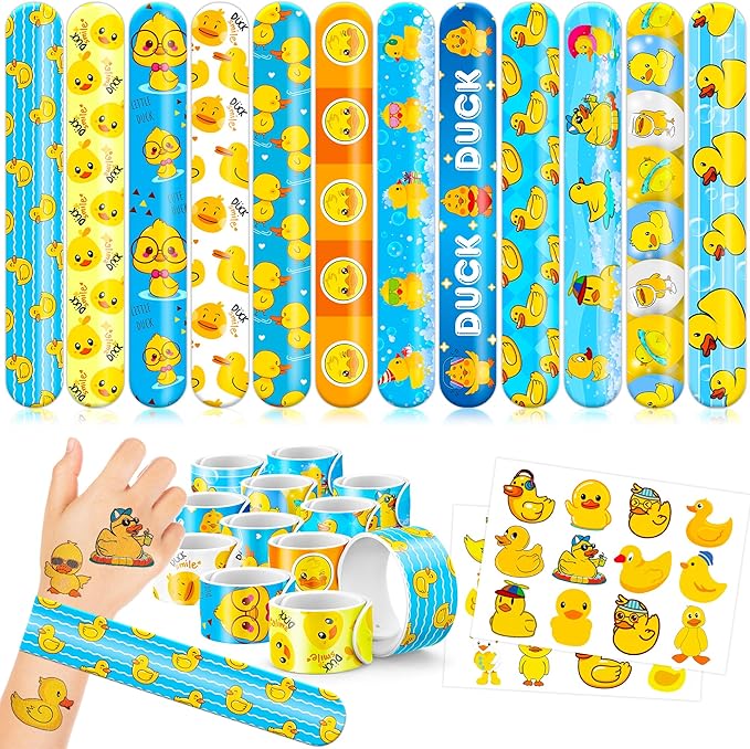 48PCS Duck Party Favors - 24PCS Temporary Tattoos & 24PCS Slap Bracelets - Cute Birthday Party Supplies, Decorations, Baby Shower Gifts, Classroom Prizes, and Rewards for Boys & Girls