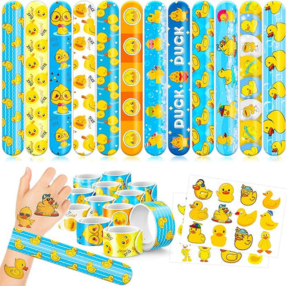 48PCS Duck Party Favors - 24PCS Temporary Tattoos & 24PCS Slap Bracelets - Cute Birthday Party Supplies, Decorations, Baby Shower Gifts, Classroom Prizes, and Rewards for Boys & Girls