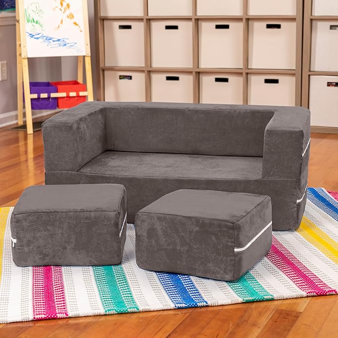Jaxx Zipline Modular Kids Loveseat & Ottomans/Fold Out Lounger, Charcoal