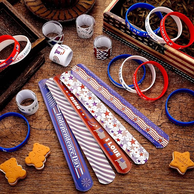60 Pcs 4th of July Slap Bracelets and Silicone Wristband for Kids American Patriotic Party Favors Supplies Independence Day Decorations Accessories Red White Blue