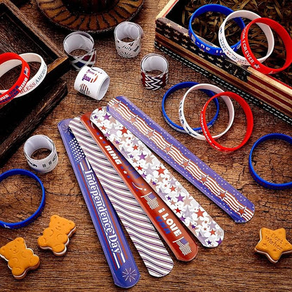 60 Pcs 4th of July Slap Bracelets and Silicone Wristband for Kids American Patriotic Party Favors Supplies Independence Day Decorations Accessories Red White Blue