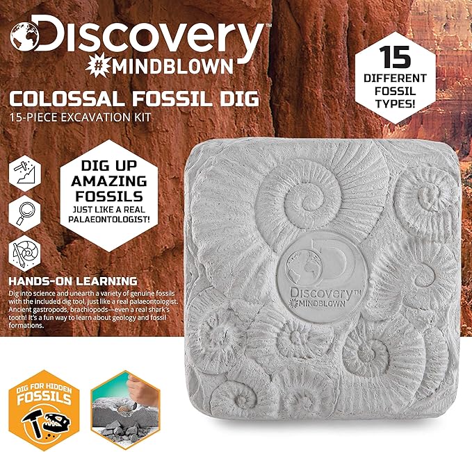 Discovery #MINDBLOWN Colossal Fossil Dig Set, 15-Piece Archeology Excavation Kit, Uncover Real Shark Teeth & More, Every Fossil Set is Unique, STEM Toys for Boys and Girls