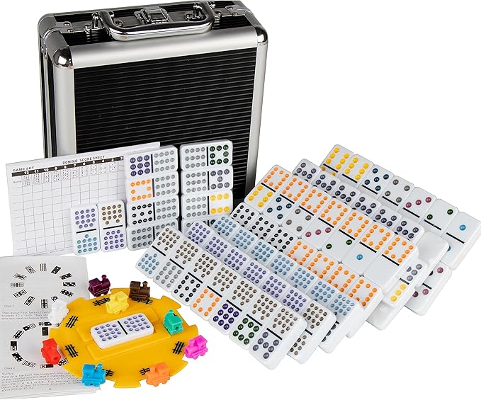 Double Fiffteen Mexican Train Dominoes,Mexican Train Double 15 Dominoes Set Colored Dot,Dominoes set for adult,Classic Board Game,136 Tiles, 9 Trains, Deluex Octagon Hub, Aluminum Case (2-10 player)