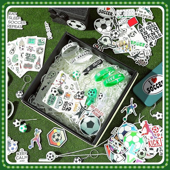 120 Pieces Sport Party Favors Set, Soccer Basketball Football Baseball Goodie Bag Fillers, Toy Whistle Silicone Bracelet Luminous Tattoo Sticker Keychain for Sports Party Supplies (Soccer Style)