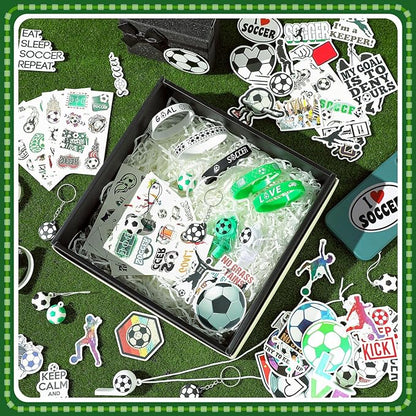 120 Pieces Sport Party Favors Set, Soccer Basketball Football Baseball Goodie Bag Fillers, Toy Whistle Silicone Bracelet Luminous Tattoo Sticker Keychain for Sports Party Supplies (Soccer Style)