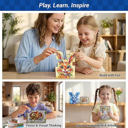 TOSY Picture Cube Bunny Friends: 6-in-1 Magnetic Picture Puzzle, Easter Basket Stuffers STEM Gift for Kids & Adults, 80 Blocks, 488 Faces/Magnets, 0.6in, B011, Seamless UV Art, Display-Ready Frame