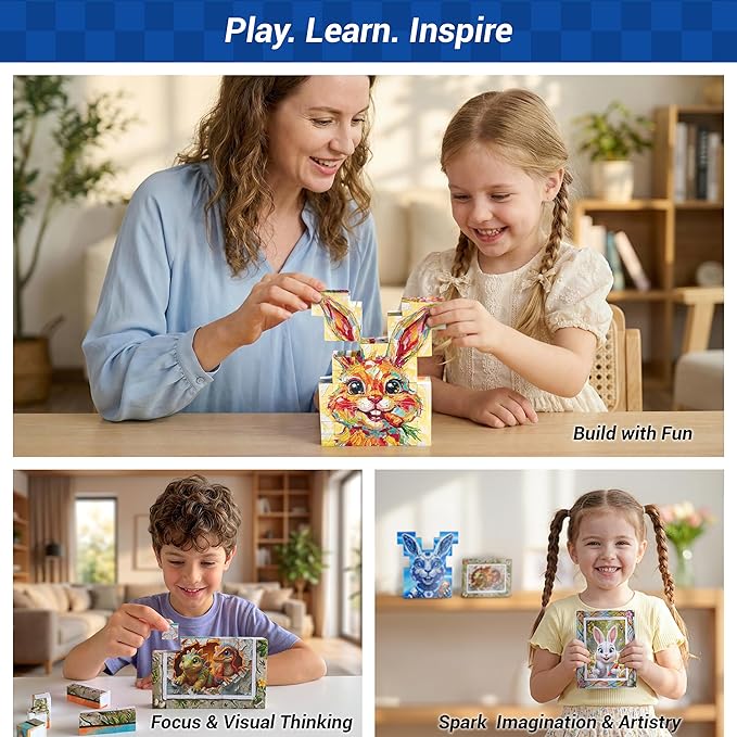 TOSY Picture Cube Bunny Land: 6-in-1 Magnetic Picture Puzzle, Easter Basket Stuffers STEM Gift for Kids & Adults, 48 Blocks, 288 Faces/Magnets, 0.6 in, B012, Seamless UV Art, Display-Ready Frame