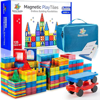 Magnetic Tiles 125 PCS+ Bonus Zippered CASE, Magnetic Tiles for Kids Toy for 3 4 5 6 7 8 Year Old Boys & Girls, Magnetic Tiles Building Set, Great Gift for Kids Aged 3-8, XL Set