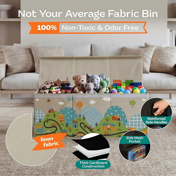 SoftOwl Extra Large Toy Storage Organizer with Lid - Sturdy, Collapsible Toy Chest Storage Box with Cute Design - Toys Bin with Dividers for Kids, Boys, Girls, Nursery, Bedroom, Play room 37"x16"x14"