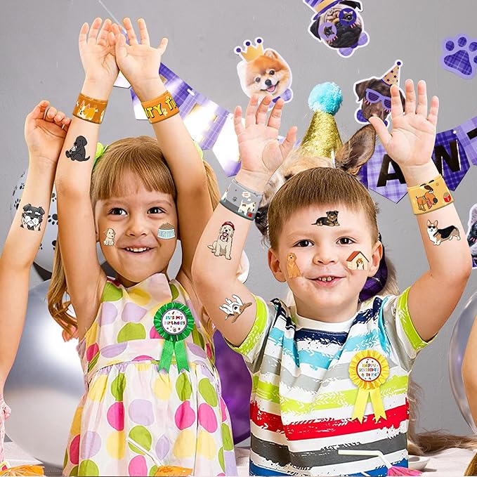 48PCS Dog Party Favors - 24PCS Tattoos & 24PCS Snap Bracelets - Puppy-Themed Birthday Supplies, Cute Decorations, Classroom Prizes, Gifts for Kids