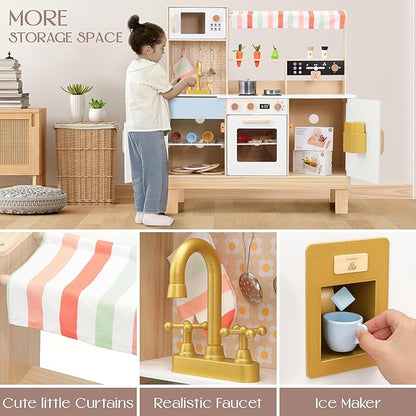 PairPear Play Kitchen for Kids, Wooden Toy Kitchen Set with Coffee Maker Ice Maker & Play Kitchen Accessories, Pretend Play Toddler Kitchen Toys Gift for Girls Boys 3+
