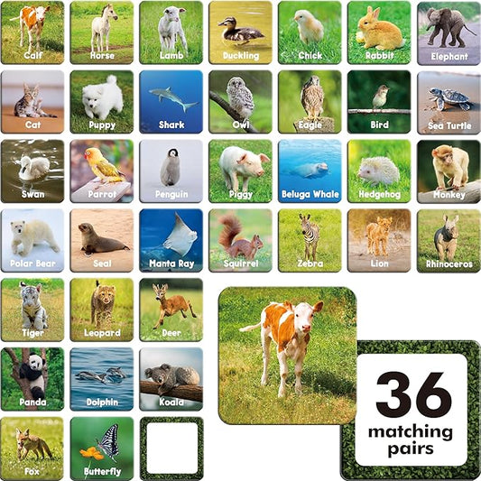 Hebayy 72 PCS Memory Matching Game, Animal Baby Matching Cards for Toddlers 36 Pairs Memory Cards for Preschool 4 5 6 Years Old