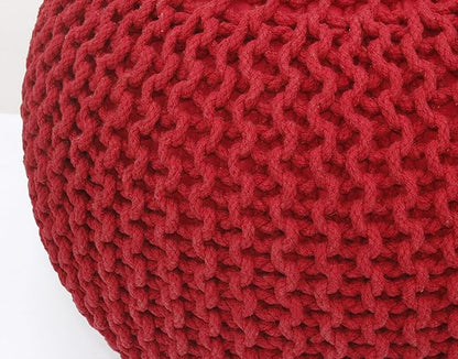 COTTON CRAFT - Hand Knitted Cable Style Dori Pouf - Red - Floor Ottoman - Cotton Braid Cord - Handmade & Hand Stitched - Truly one of a Kind Seating - 20 Dia x 14 High