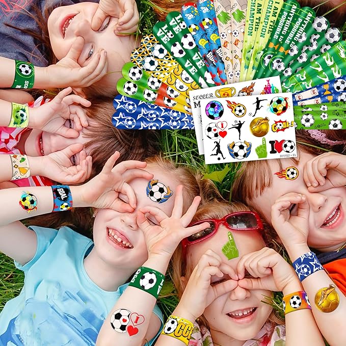 48PCS Soccer Party Favors - 24PCS Tattoos & 24PCS Slap Bracelets - Football-Themed Birthday Supplies, World Cup Decorations, Classroom Prizes, Gifts for Boys & Girls