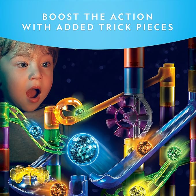 NATIONAL GEOGRAPHIC Glowing Marble Run Expansion Pack - 5 Glow in The Dark Glass Marbles, 20 Construction Pieces, UV Light, Great Creative STEM Toy for Girls and Boys