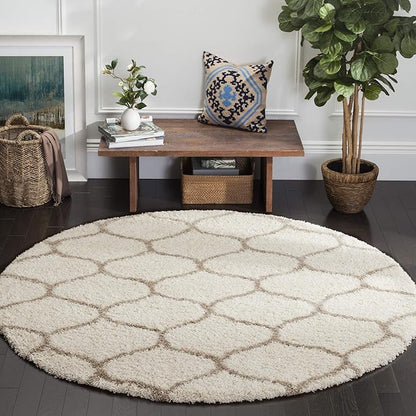 SAFAVIEH Hudson Shag Collection 7' Round Beige/Ivory SGH280S Moroccan Ogee Trellis Non-Shedding Living Room Bedroom Dining Room Entryway Plush 2-inch Thick Area Rug