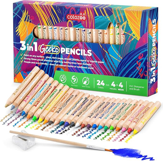 3 In 1 Colouring Pencils | 24 Colours Set inc. Brush And Sharpener | Non-Toxic And Vegan Colours For Ages 3 And Up