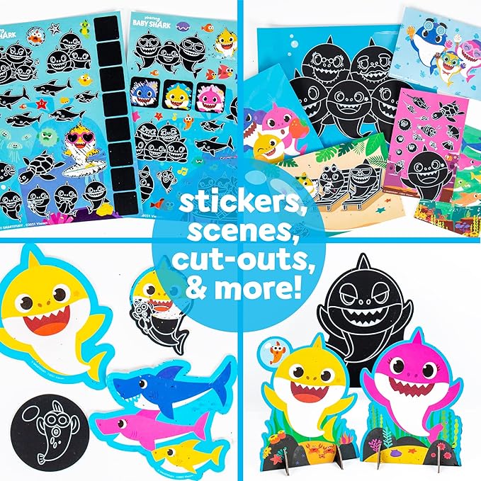 Horizon Group USA Baby Shark Ultimate Scratch ‘N Color Set, 56 Scratch Art Activities, Including Stickers, 3D Shapes & More, Scratch Art for Kids