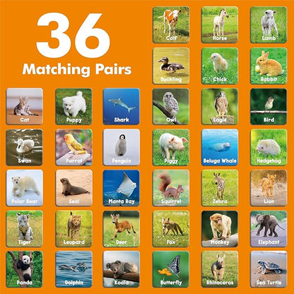 Hebayy 72 PCS Memory Matching Game, Animal Baby Matching Cards for Toddlers 36 Pairs Memory Cards for Preschool 4 5 6 Years Old