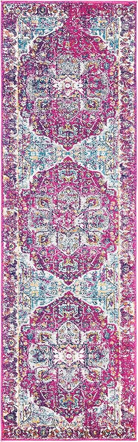 SAFAVIEH Evoke Collection 2'2" x 7' Fuchsia / Ivory EVK275R Oriental Medallion Distressed Non-Shedding Living Room Entryway Foyer Hallway Bedroom Runner Rug