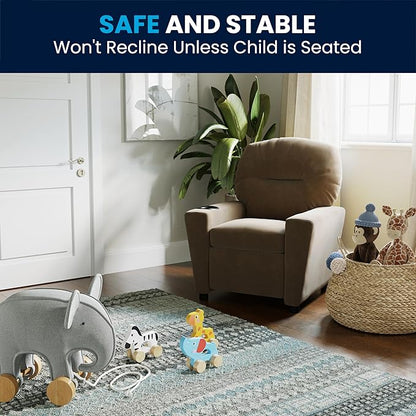 Flash Furniture Chandler Microfiber Kids Recliner with Cup Holder and Safety Recline, Contemporary Reclining Chair for Kids, Supports up to 90 lbs., Brown