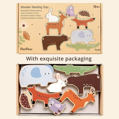 PairPear Wooden Stacking Toys for Toddlers Animals Stacking Blocks Balance Game for Preschoolers Montessori Sensory Toys with Large Blocks Educational Gift for Boys and Girls 18 Months+