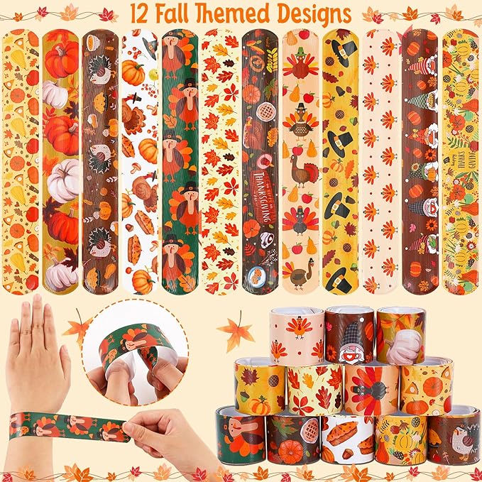 JUNEBRUSHS Thanksgiving Slap Bracelets, 56 Pcs Thanksgiving Gifts for Kids Autumn Maple Leaf Turkey Pumpkin Snap Bracelets Wristbands for Fall Party Favors Decorations Student Classroom Prizes
