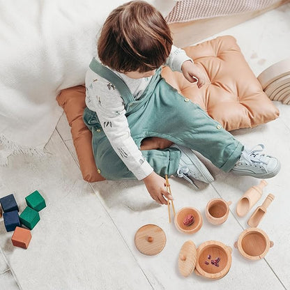 Hiceeden Set of 11 Wooden Sensory Bin Tools for Kids, Sensory Scoops and Tongs Toys with Bag, Waldorf Montessori Toys for Fine Motor Skill Learning