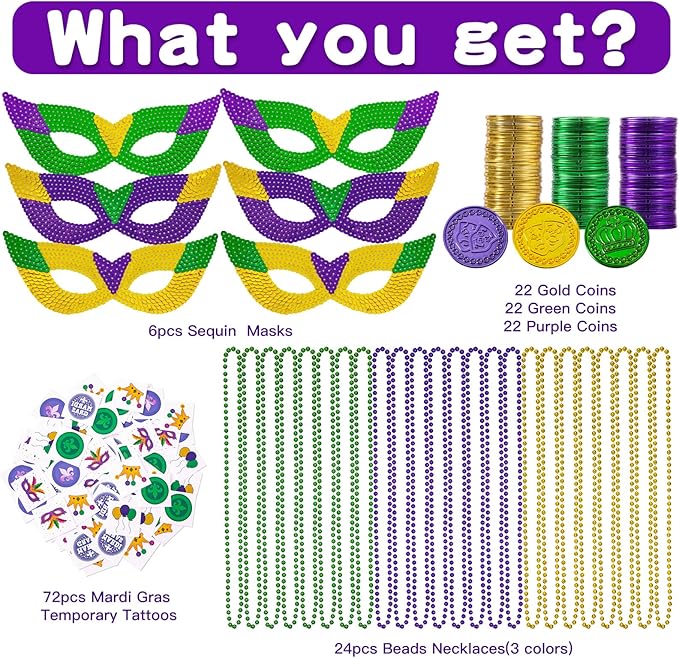 MGparty 168 PCS Mardi Gras Accessories - Masks Beads Necklaces Coins Tattoos Carnival Parade Masquerade Party Decorations Supplies