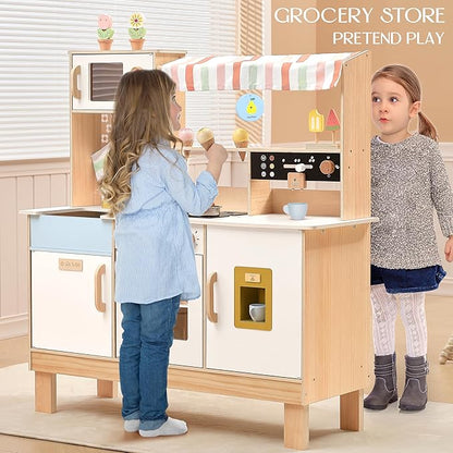 PairPear Play Kitchen for Kids, Wooden Toy Kitchen Set with Coffee Maker Ice Maker & Play Kitchen Accessories, Pretend Play Toddler Kitchen Toys Gift for Girls Boys 3+