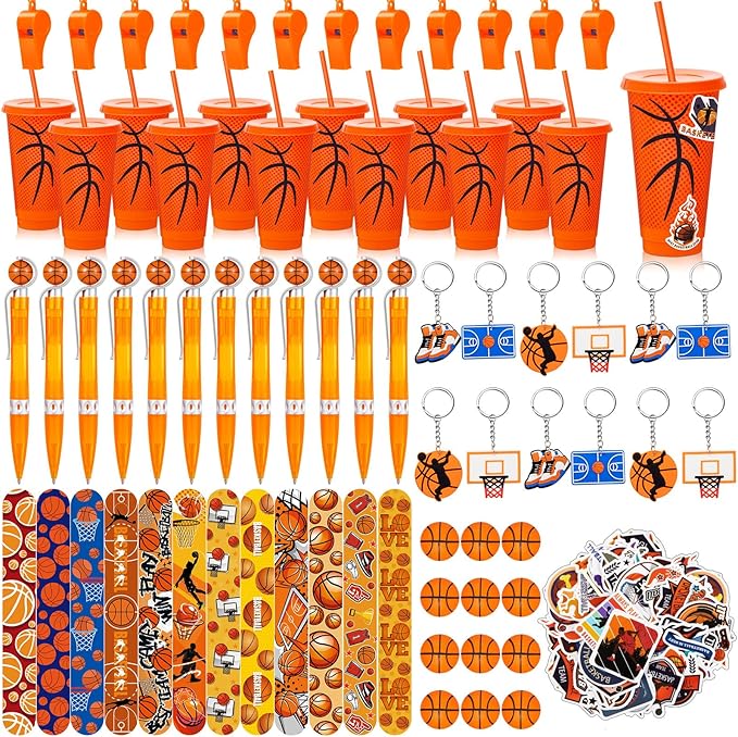 122 Pcs Basketball Party Favors Set Basketball Goodie Bags Stuffers Includes Cups with Straw Mini Stress Ball Keychains Slap Bracelets Whistles Stickers Pens for Birthday Party Supplies