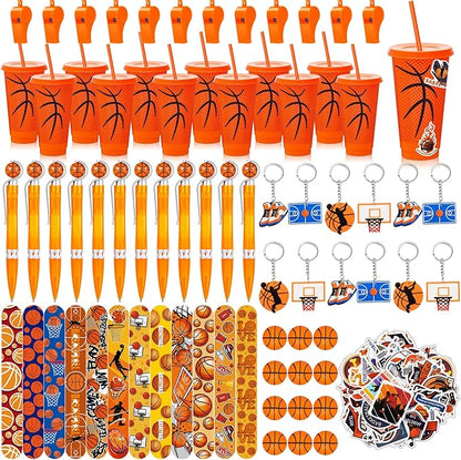 122 Pcs Basketball Party Favors Set Basketball Goodie Bags Stuffers Includes Cups with Straw Mini Stress Ball Keychains Slap Bracelets Whistles Stickers Pens for Birthday Party Supplies