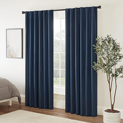 Eclipse Fresno Modern Blackout Thermal Rod Pocket Window Curtain for Bedroom (1 Panel), 52 in x 95 in, Dark Blue