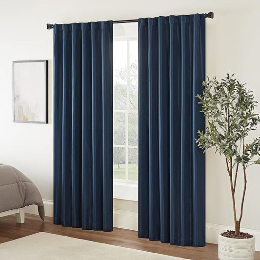 Eclipse Fresno Modern Blackout Thermal Rod Pocket Window Curtain for Bedroom (1 Panel), 52 in x 95 in, Dark Blue