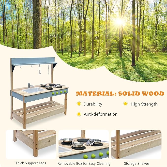 Mud Kitchen Playset for, Outdoor Wooden Toy Play Kitchen Set for Boys and Girls, Kitchen Accessories and Garden Sink with Faucet, Blackboard, Cookware Pot (Blue1)