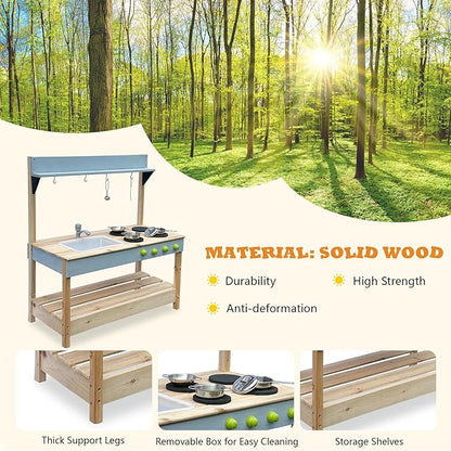 Mud Kitchen Playset for, Outdoor Wooden Toy Play Kitchen Set for Boys and Girls, Kitchen Accessories and Garden Sink with Faucet, Blackboard, Cookware Pot (Blue1)