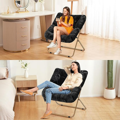Comfy Saucer Chair, Foldable Living Room Chairs, Soft Faux Fur Lounge Chair for Bedroom, Reading Chairs for Adults, Kids, X-Large (Black)