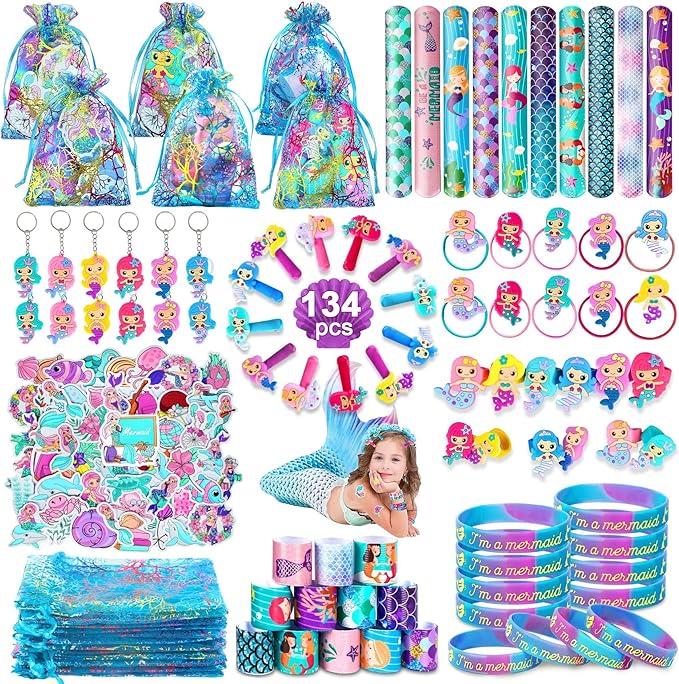 134Pcs Mermaid Party Favors for Kids, Mermaid Birthday Party Decorations Toys for Girls, Goodie Bag Pinata Gifts for Classroom Prizes