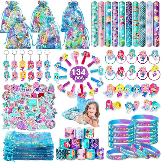 134Pcs Mermaid Party Favors for Kids, Mermaid Birthday Party Decorations Toys for Girls, Goodie Bag Pinata Gifts for Classroom Prizes