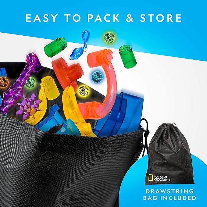 NATIONAL GEOGRAPHIC Glowing Marble Run – Construction Set with 15 Glow in The Dark Glass Marbles & Storage Bag, STEM Gifts for Boys and Girls, Building Project Toy (Amazon Exclusive)