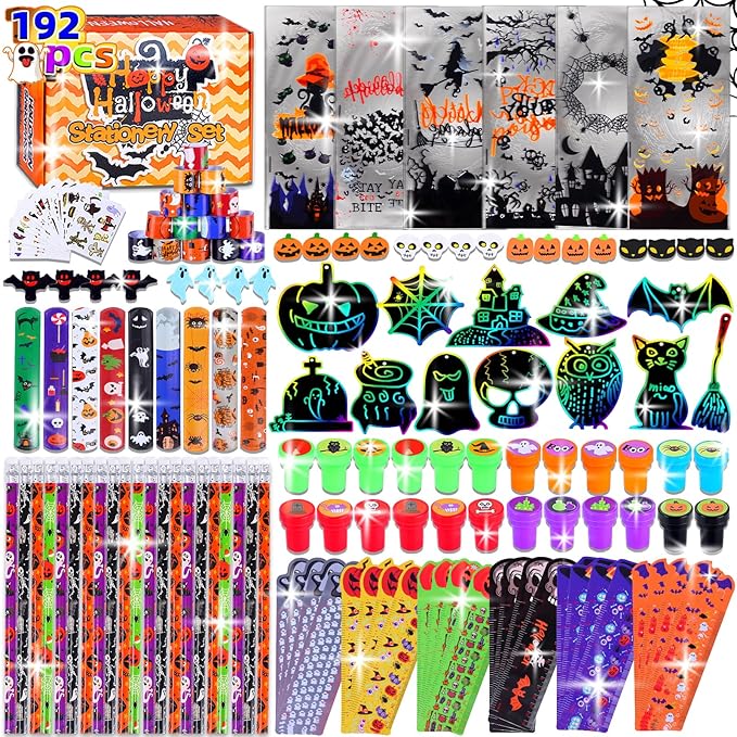 192 Pcs 24 Pack Assorted Halloween Stationery, Party Favors for Kids, Goodie Bags Stuffers Set Including Pencils, Rulers, Stamps and Erasers in Trick or Treat Bags