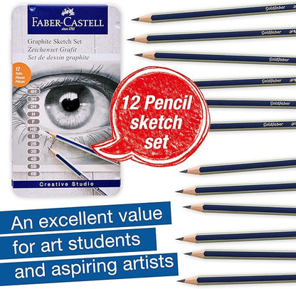 Faber-Castell Graphite Pencils Drawing Set: 12 Art Pencils for Sketching (4H, 3H, 2H, H, F, HB, B, 2B, 3B, 4B, 5B, and 6B), Shading Pencils for Drawing and Sketching, Graphite Drawing Kit