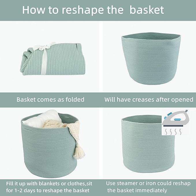 XUANGUO Cotton Rope Basket For Girls Boys Kids 16”X14” Baby Laundry Baskets Nursery Bin Round Woven Basket Organizer For Storage Toys Blankets Shoes Clothes green
