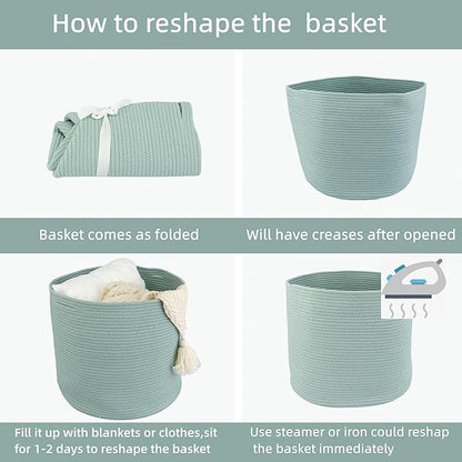 XUANGUO Cotton Rope Basket For Girls Boys Kids 16”X14” Baby Laundry Baskets Nursery Bin Round Woven Basket Organizer For Storage Toys Blankets Shoes Clothes green