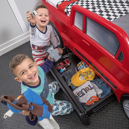 Step2 Turbocharged Twin Size Truck Car Bed, Car Bed for Boys & Girls, Working Headlights & Built-In Storage, Made of Durable Plastic, For Toddlers 3+ Years Old, Vibrant Red